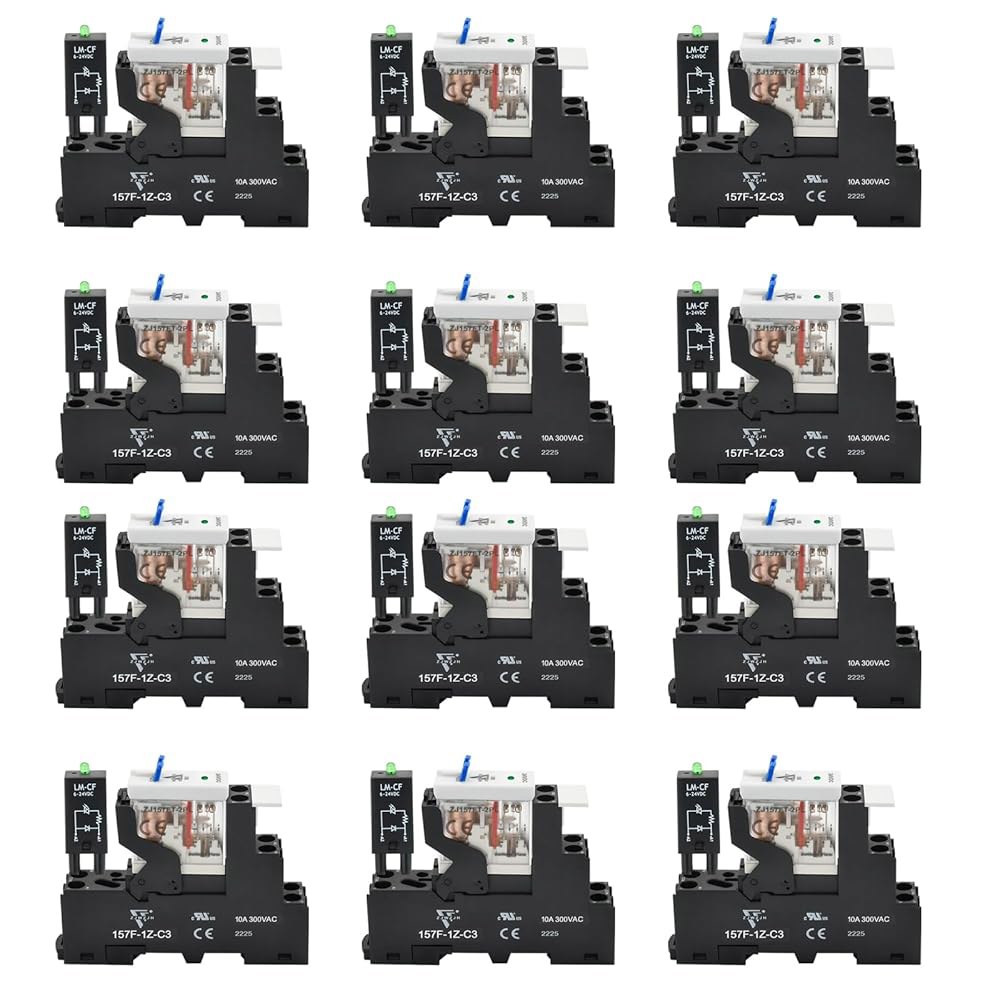 UL, 12암페어 파워 릴레이 스위치 24V DC 코일 12개, 테스트 버튼이 있는 5핀 SPDT 1NO 1NC, LED 모듈 라이트, 소켓 베이스, DIN 레일 상장 - 메인 이미지