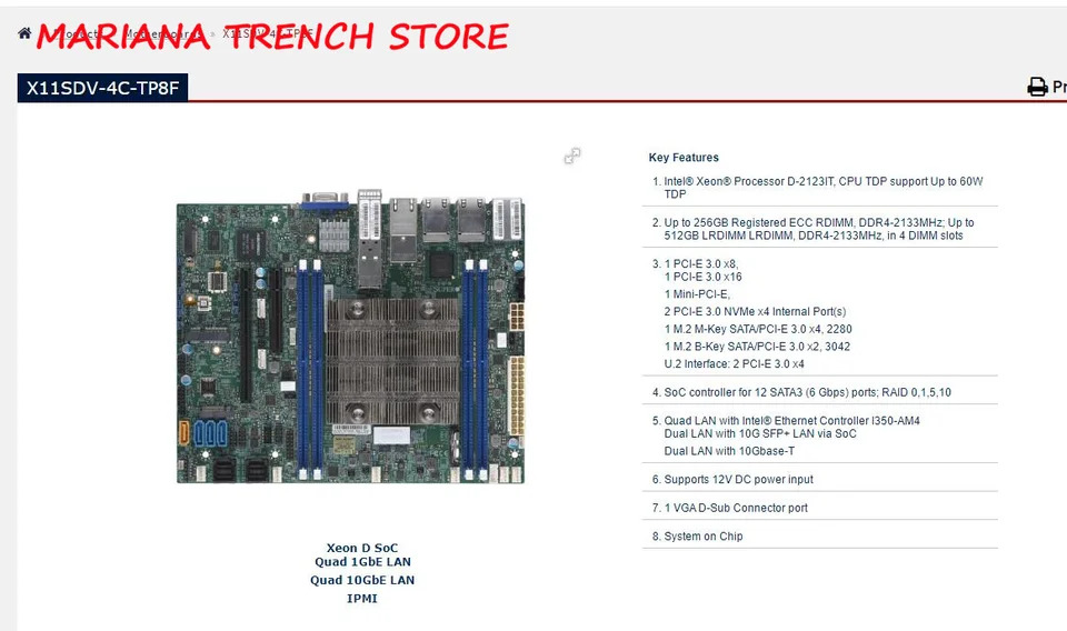 Supermicro 임베디드/IoT 마더보드X11SDV-4C-TP8F 제온 프로세서 D-2123IT 이더넷 컨트롤러 I350-AM4 10G SFP