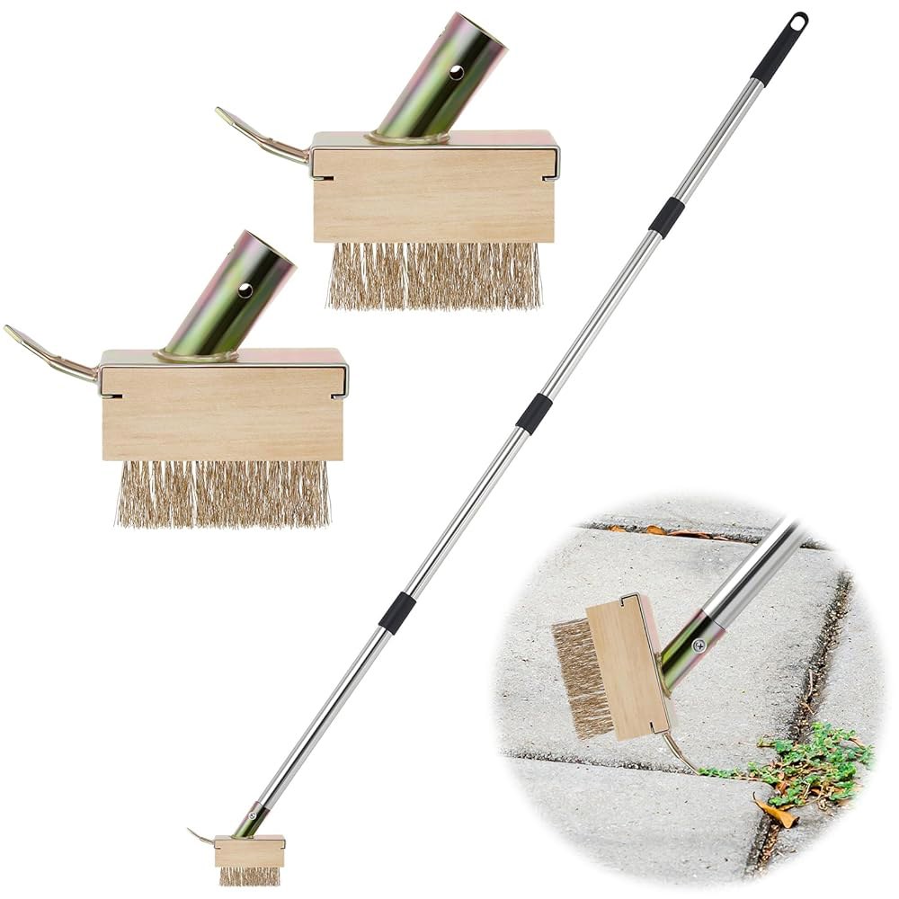 Tandefio 3-in-1 균열 제초기, 브러시 헤드 수동 진입로 데크 포함, 스파이크 도구, 스크레이퍼 160cm(63인치) 파티오 도구 산책로 풀러 이끼 포함 손잡이 브러시, - 상품 이미지