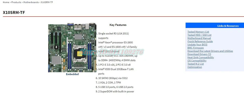 X10SRM-TF 마더보드 Xeon 프로세서 E5-1600/2600 v4 / v3 X550 듀얼 10GBase-T LAN 포트