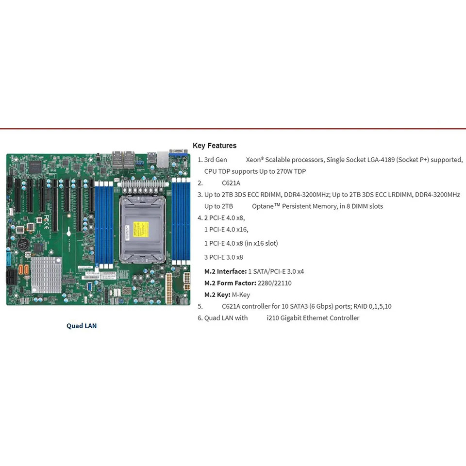 LGA-4189 슈퍼마이크로 서버 마더보드 X12SPL-LN4F C621A 10XSATA 3 DDR4-3200MHz