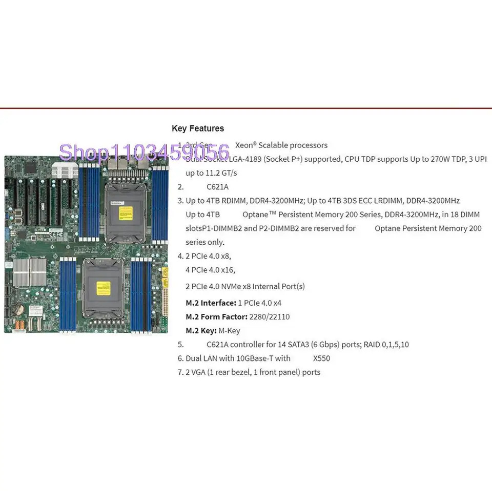 듀얼 웨이 서버 마더보드 E- LGA-4189 DDR4-3200MHz 슈퍼마이크로 X12DPi-NT6 256GB C621A 14XSATA 3