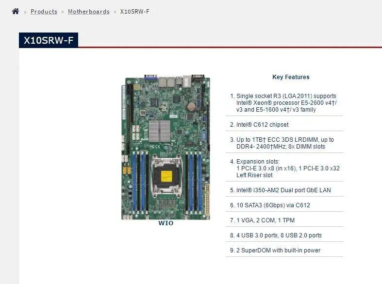 슈퍼마이크로 마더보드X10SRW-F LGA 2011 제온 프로세서 E5-2600 / E5-1600 v4 v3 패밀리 듀얼 포트 GbE LAN