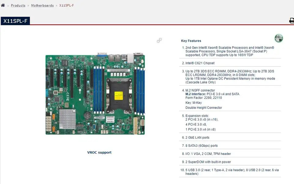 Supermicro 단일 소켓 LGA-3647 P 마더보드X11SPL-F Xeon 확장 프로세서 DDR4 GbE LAN 포트 SATA3 6Gbps