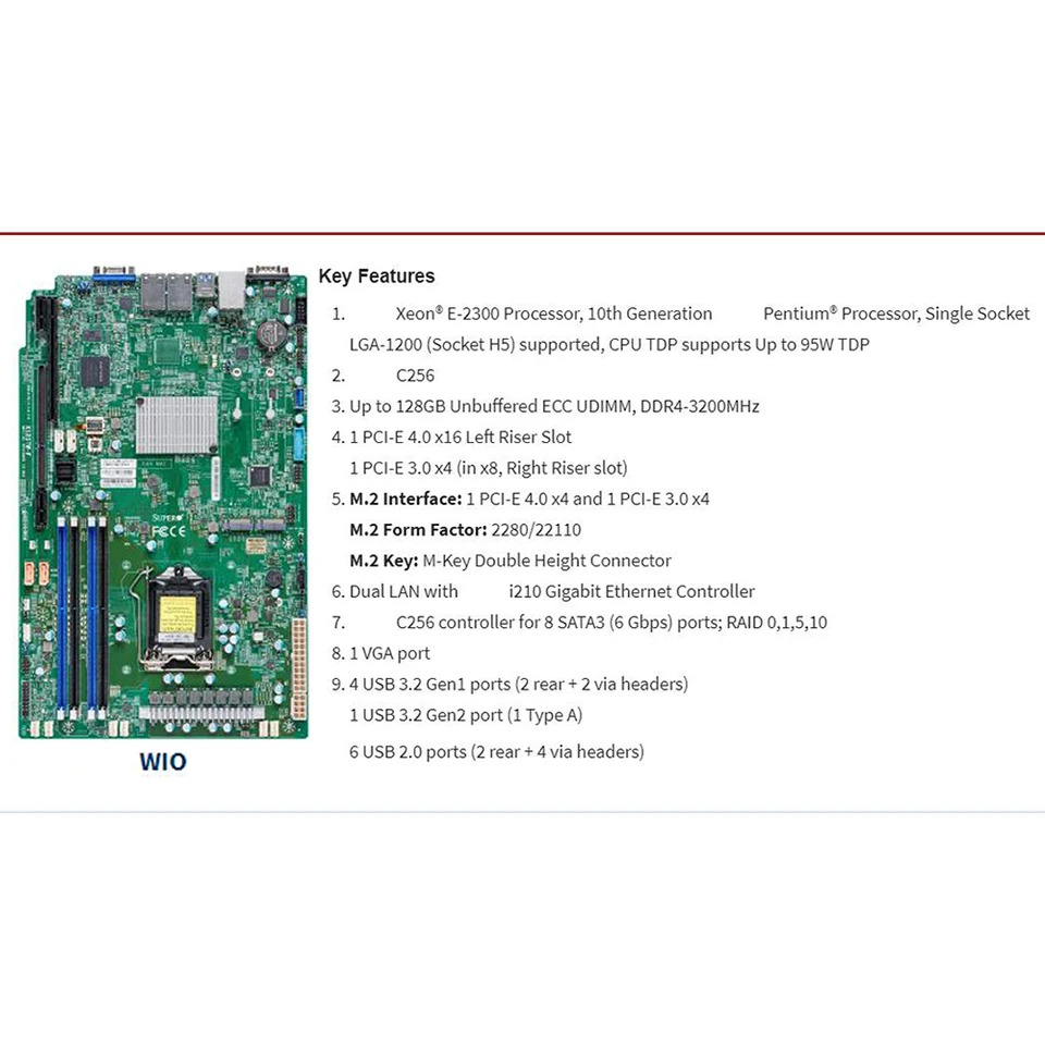 X12STW-F C256 LGA-1200 독점 WIO 128GB DDR4-3200MHz 8XSATA 3 슈퍼마이크로 서버 마더보드