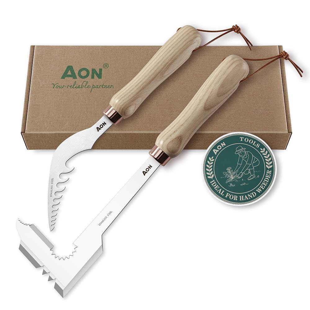 AON 2팩 핸드 크랙 제초기 풀러 스틸 잡초 손잡이로 목재 제작, 열처리 - 공학적 정원 애쉬 있습니다 및 세트 수 뽑을 효과적으로 뿌리를 잔디밭에 도구 이상적인 파티오 인체 - 상품 이미지