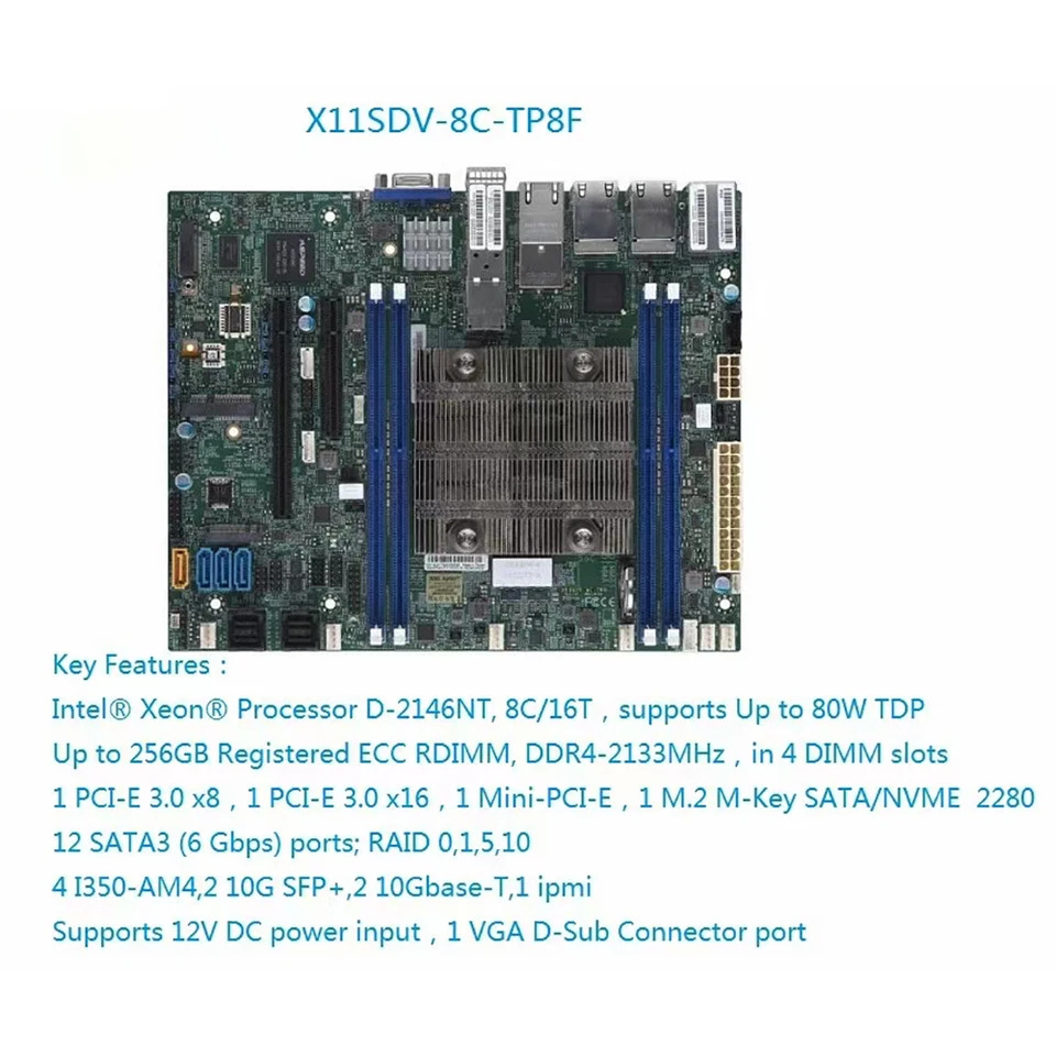 Supermicro Xeon 프로세서X11SDV-8C-TP8F 마더보드 D-2146NT DDR4 PCI-E 3.0 SATA3 Flex 신