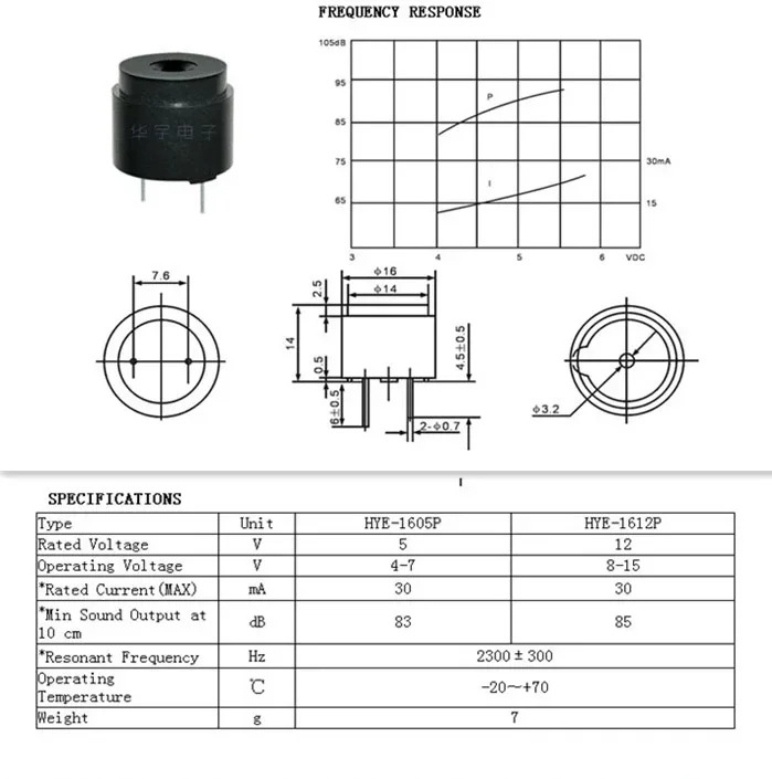 HMB-06 액티브 DC 버저 하이 데시벨 5V 12V 16x14mm 100 개