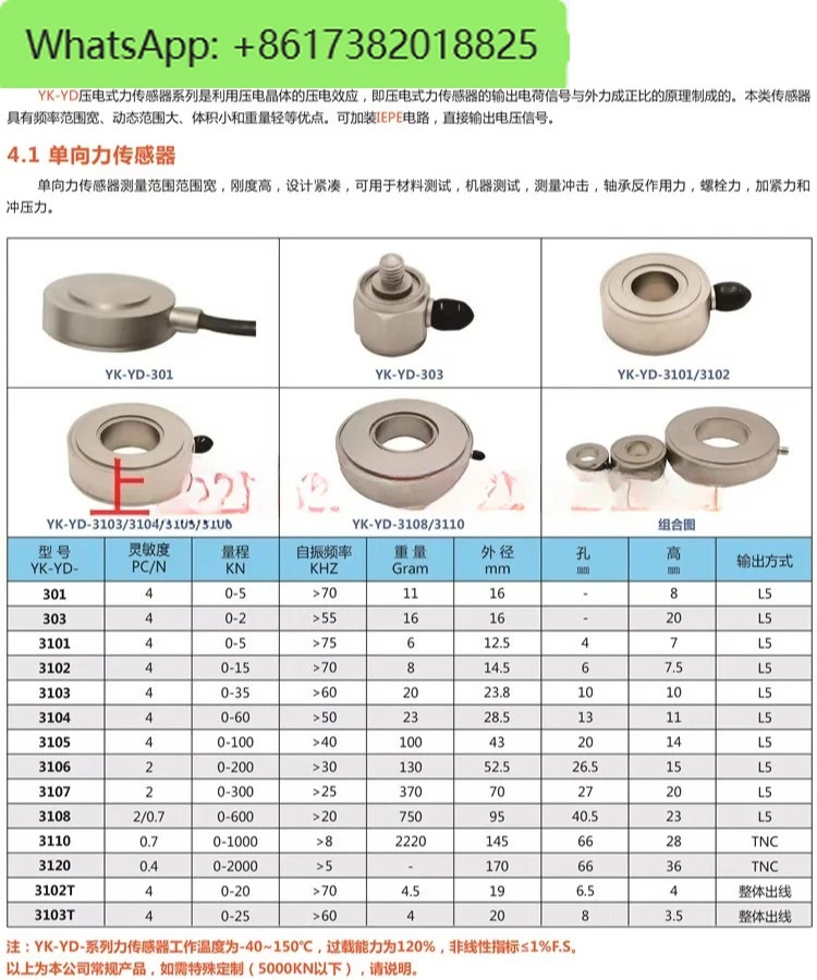 단방향 힘 YD303 2KN/YD3107 300KN 충전 IEPE 압전 센서