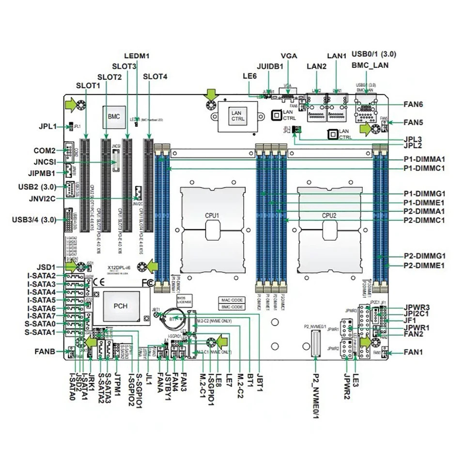 슈퍼마이크로 X12DPL-i6 양방향 서버 마더보드 C621A LGA-4189 DDR4-3200MHz 12XSATA 3 256GB