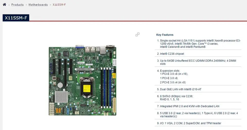 Supermicro Micro 마더보드X11SSM-F LGA1151 E3-1200 v6/v5 7th 6th Gen. Core i3 시리즈 8 SATA3 6Gbps IPMI 2.0