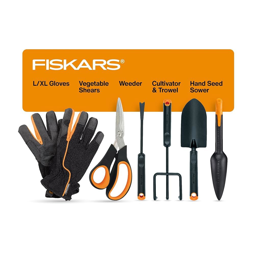 Fiskars 채소 원예 에센셜 재배용 6피스 4-in-1 스테인리스 녹 방지 장갑 가위 파종기, 톱니 경작기, 및 세트, 씨앗 심기용 L/XL 도구 모종삽, 스틸 제초기, - 상품 이미지