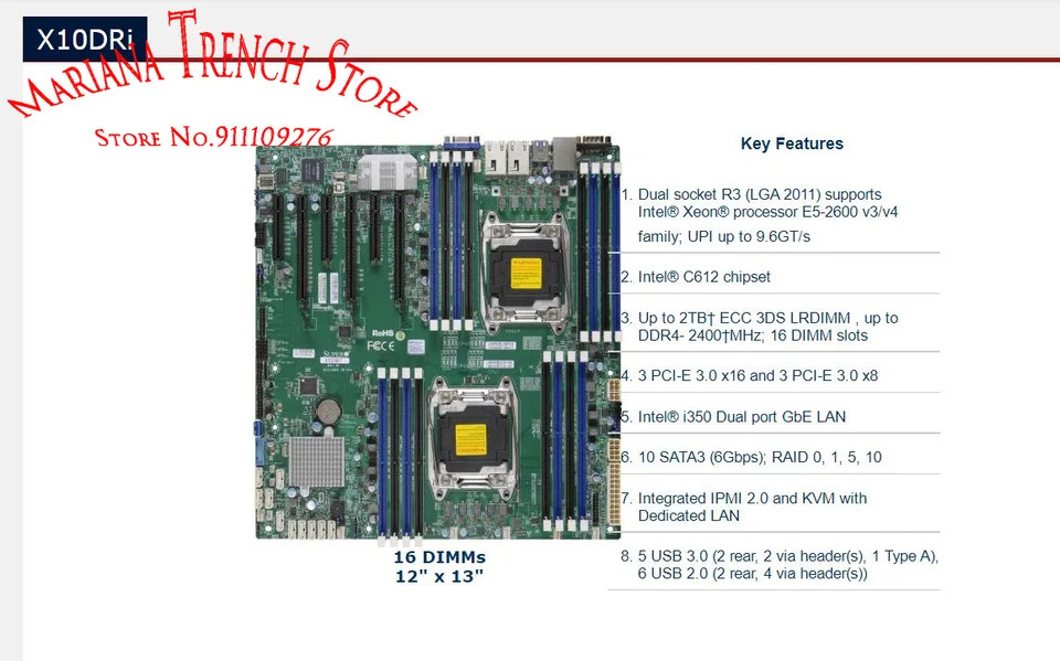 슈퍼마이크로 마더보드X10DRi LGA2011 E5-2600 v4/v3 패밀리 DDR4 듀얼 포트 GbE LAN SATA3 6Gbps IPMI 2.0
