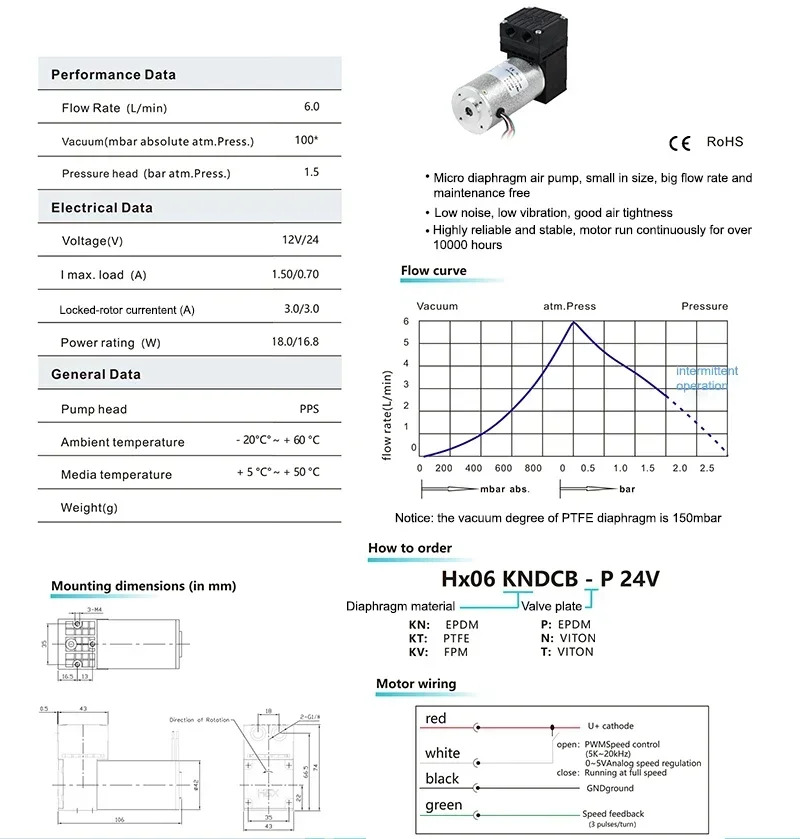 PPS 펌프 헤드 마이크로 다이어프램 에어 6L/m -90kPa 12V 24V