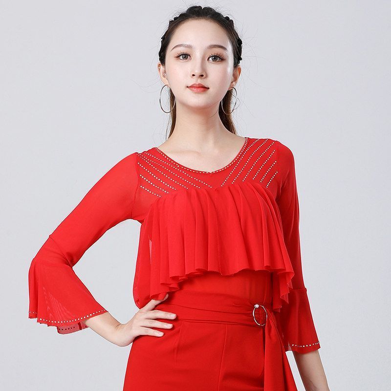 사교 프릴 벨리 댄스의상 상의 여름 라틴댄스복 댄스옷 블라우스 공연복 여성 - 상품 이미지