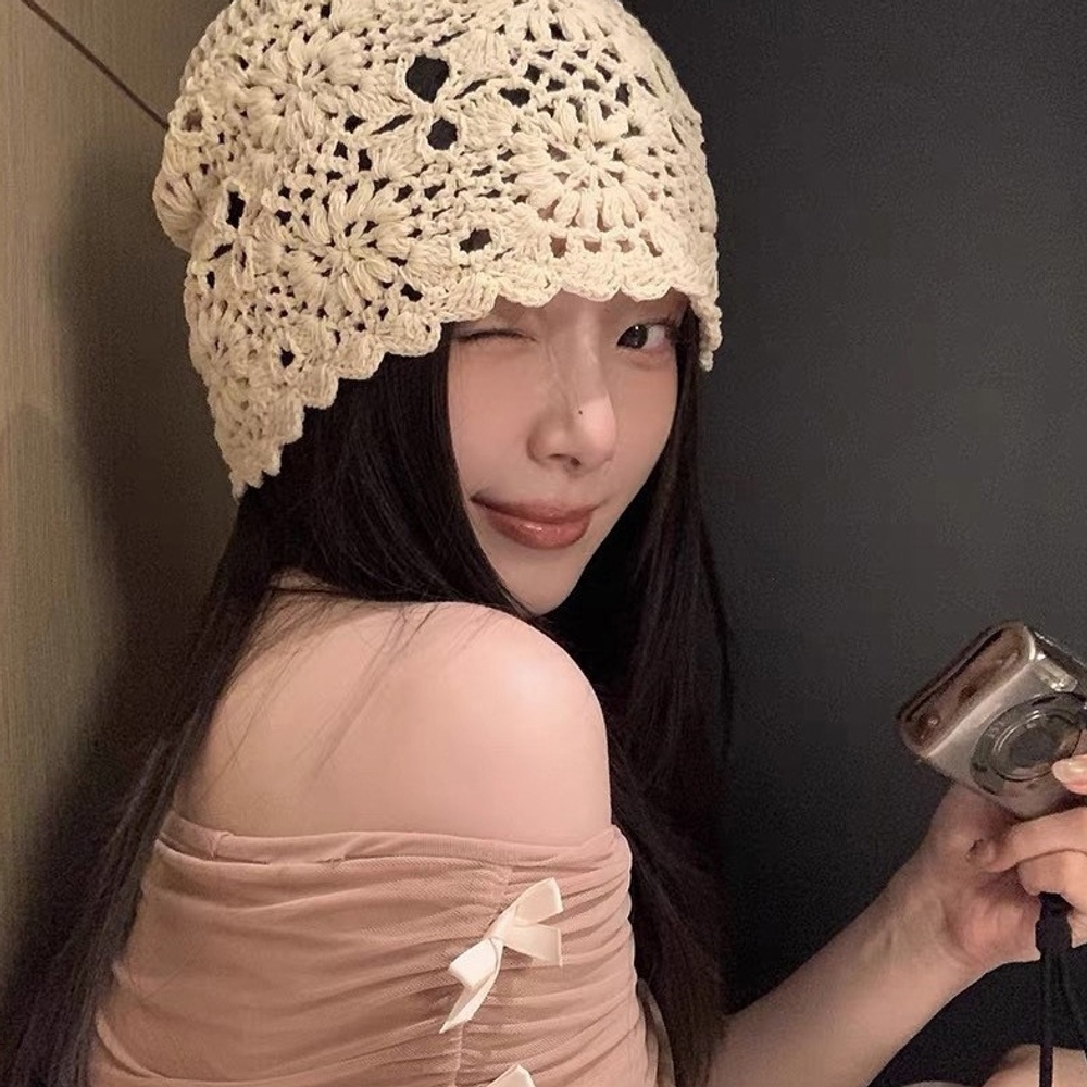 J2K 여성 플라워 패턴 펀칭 뜨개 데일리 비니 힙합 패션 - 상품 이미지