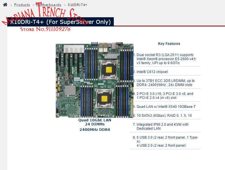 Supermicro 마더보드X10DRi-T4 LGA2011 E5-2600 v4 v3 군 DDR4 쿼드 LAN 포함X540 10GBase-T