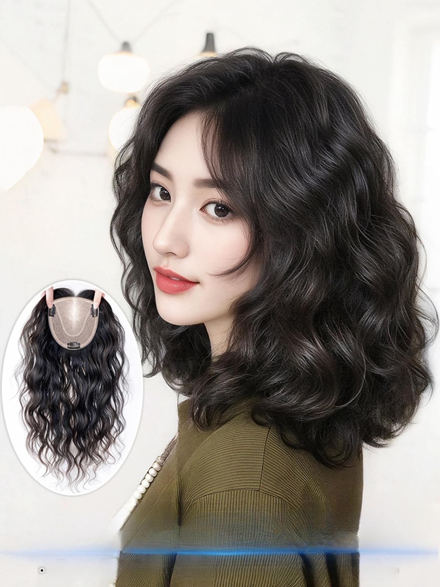 부분 정수리가발 인모 탈모커버 헤어라인 자연스러운 붙임 중년여성 탈모탑커버 단발 - 상품 이미지