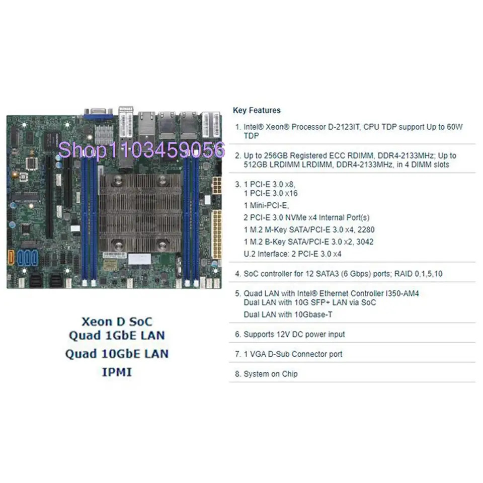 슈퍼마이크로 마더보드 X11SDV-4C-TP8F 제온 프로세서 D-2123IT DDR4-213Hz 플렉스 4 x SATA3 포트 신