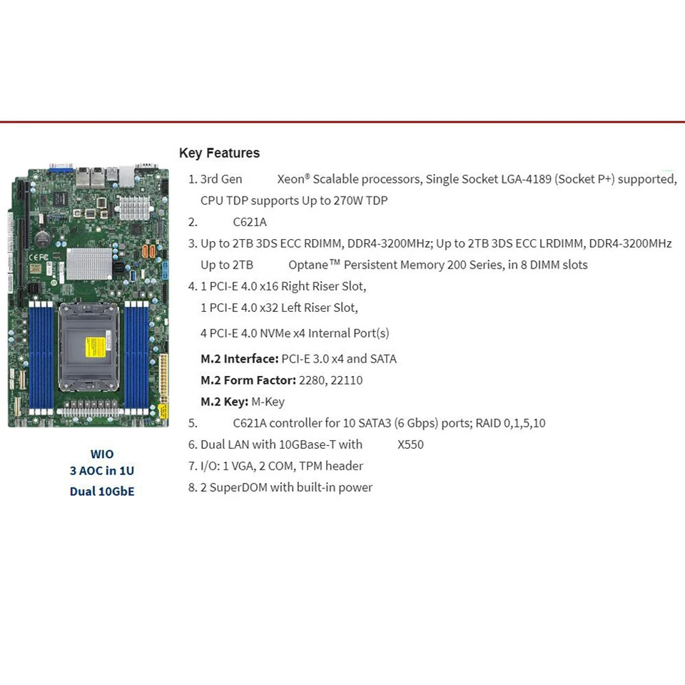 Supermicro LGA-4189 서버 마더보드 X12SPW-TF 2TB 3DS DDR4-3200MHz C621A 10XSATA 3