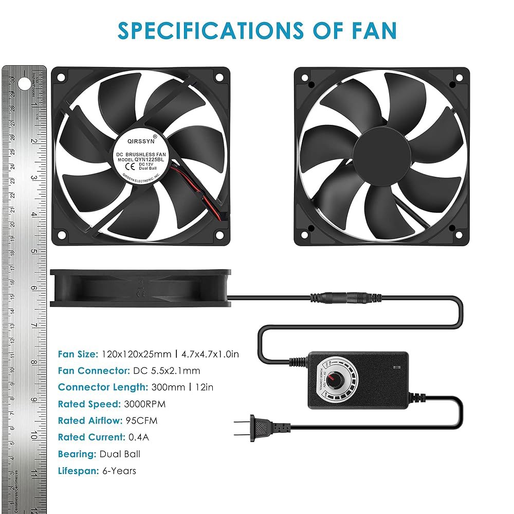 Qirsyn 120mm AC 전원 팬, 가변 속도 컨트롤러, 수신 증폭기 DVR 플레이스테이션 부품 냉각용 110V ~ 220V 4.7x4.7x1.5in - 상세 이미지 2