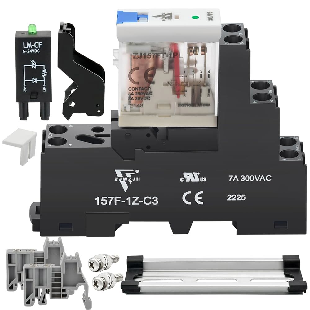 UL, 12암페어 파워 릴레이 스위치 24V DC 코일 12개, 테스트 버튼이 있는 5핀 SPDT 1NO 1NC, LED 모듈 라이트, 소켓 베이스, DIN 레일 상장 - 상세 이미지 3