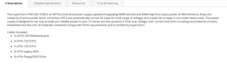 Supermicro PWS-563-1H20 다출력 전원공급장치 1x20 핀 마더보드 560W 600W 1U