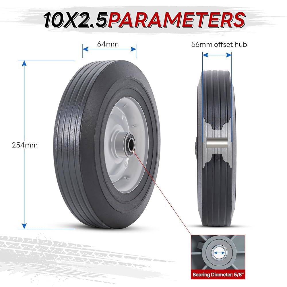 25.4cm(10인치) 고무 타이어 2개, x 6.4cm(2.5인치) 및 잔디 5.6cm(2.2인치) P-124와 깎는 1.6cm(5/8인치) 차축 밀봉 수레, 베어링, 홀 호환되 - 상세 이미지 3