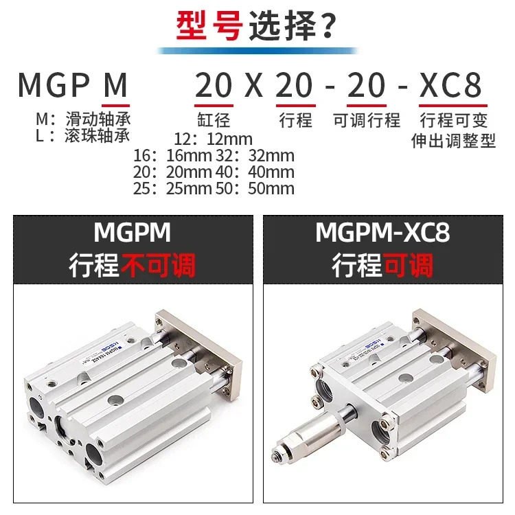 가이드 로드조절 가능스트로크가 3축 실린더 MGPM12/16 20-30X40X50-20/30/50-XC8