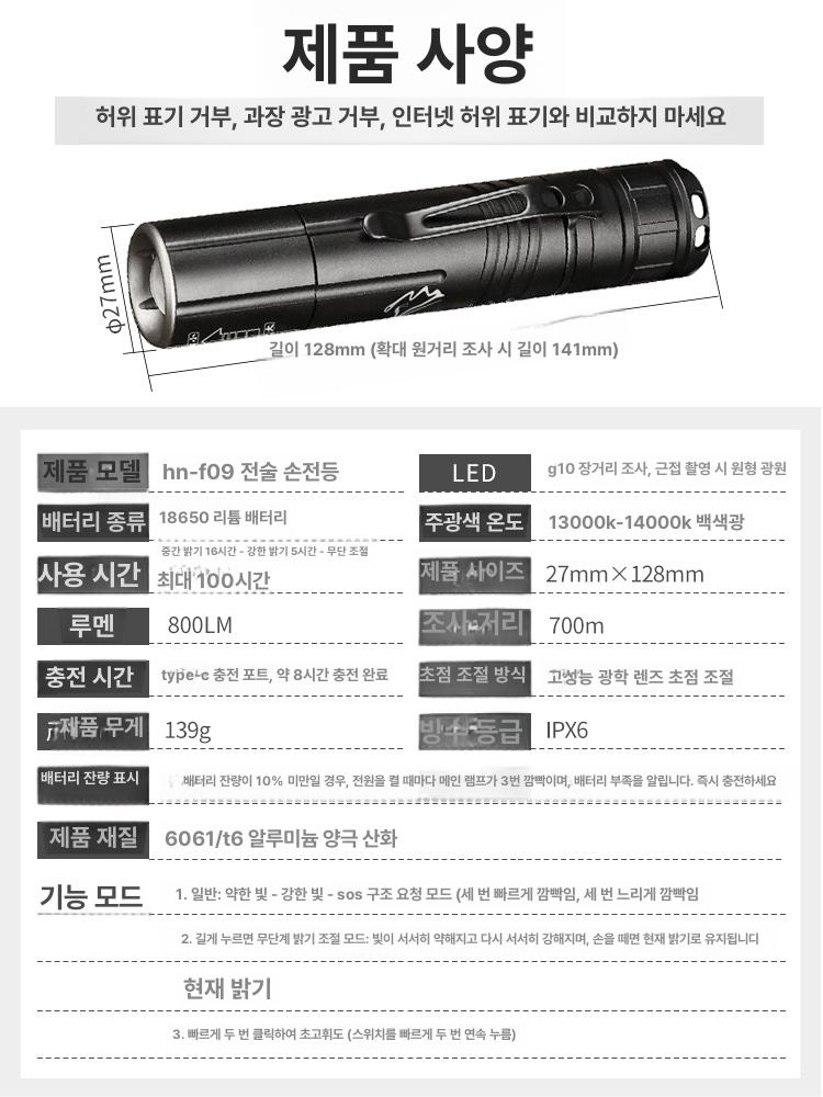 손전등 스포트라이트 기본 랜턴 작업등 루멘 램프 캠핑 플래시 낚시 모드 클립 다기능 - 상세 이미지 5
