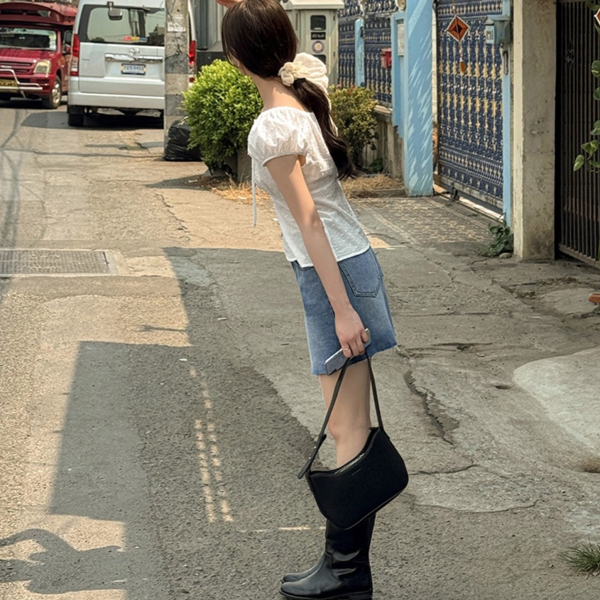 H라인 워싱 커팅 데님 미니 스커트 라이트블루 - 상세 이미지 3