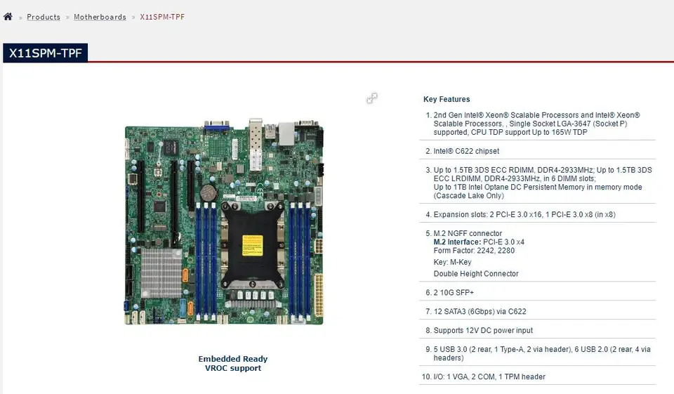 Supermicro Micro 마더보드X11SPM-TPF LGA-3647 Xeon 확장 프로세서 C622 를 통DDR4 M.2 10G SFP SATA3 6Gbps