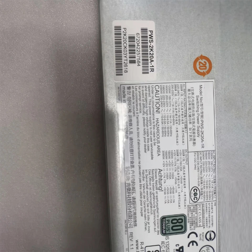 Supermicro PWS-2K20A-1R 예비 전원공급장치 2000W 1U