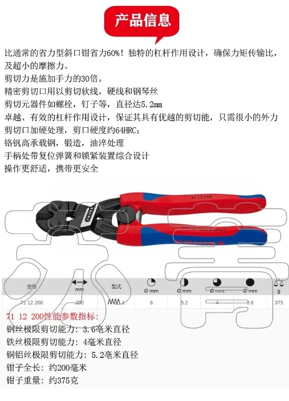 력 절약형 컴팩트 전선 차단 펜치 독일산 오리지널 8 인치 7112200