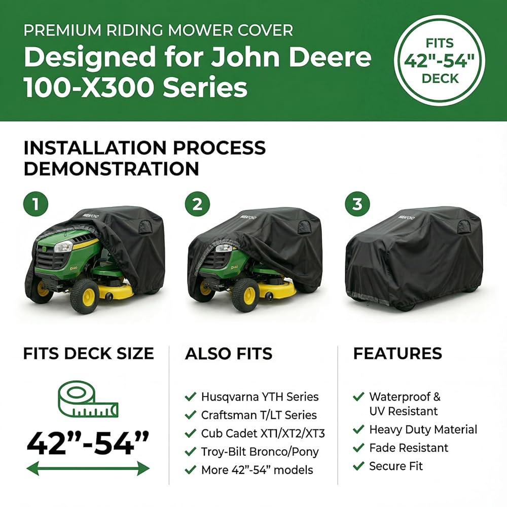 MIEAPOND John Deere 100-X300 시리즈용 라이딩 잔디깎이 변색 UV 데크 트랙터 - 튼튼한 방수 코드 방지 보관을 포함 탄성 커버, 잔디 전천후 106.7-13 - 상세 이미지 2