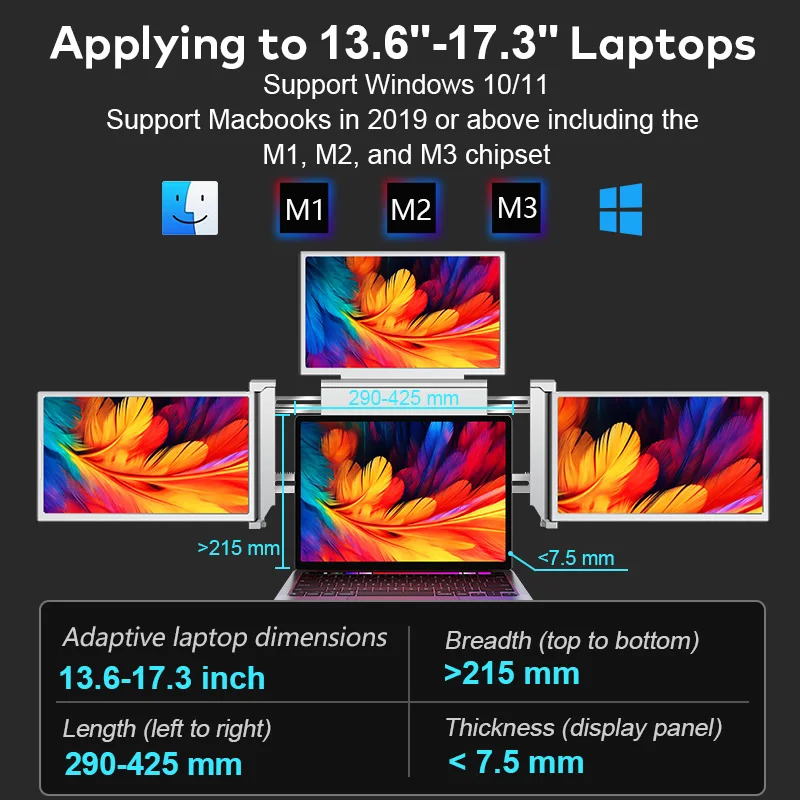휴대쿼드 모니터 노트북 트리플 스크린 USB C IPS 확장 1 케이블 연결 14인치