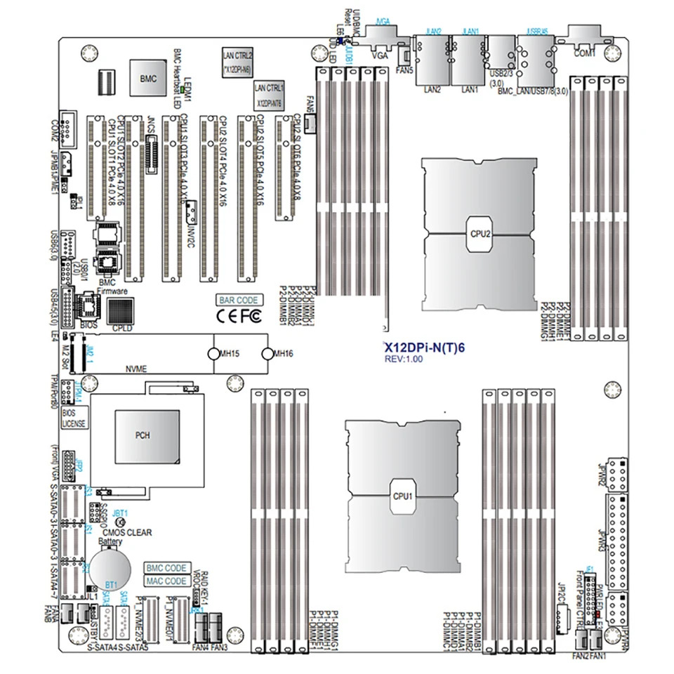 Supermicro 듀얼 웨이 서버 마더보드E- LGA-4189 DDR4-3200MHz 256GB C621A 14XSATA 3 X12DPi-NT6