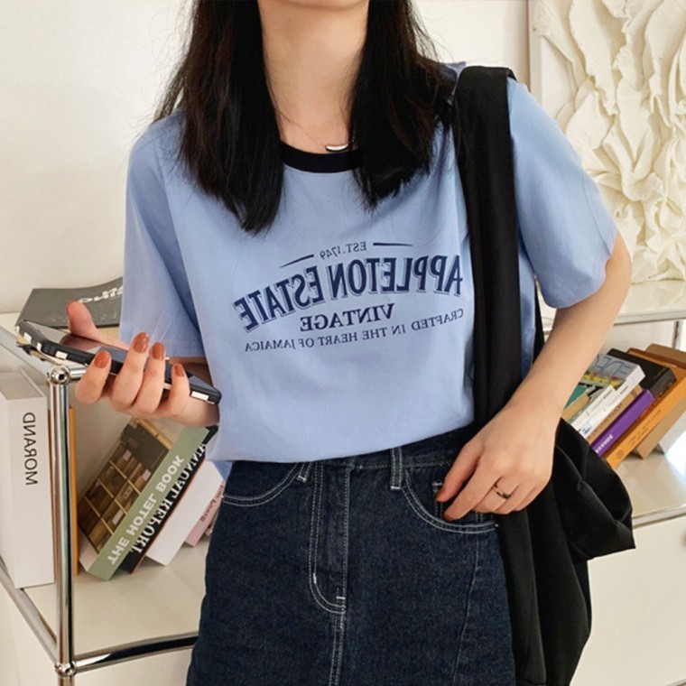 배색 영문 반크롭 반팔 티셔츠 3color - 상품 이미지