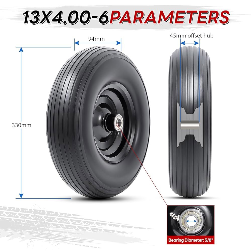 PaoWin 33cm(13인치) 솔리드 타이어, 33X10.2cm(13X4.00-6인치) 플랫 차축 프리 (블랙, P-127 기계 및 수레, 핸드 깎는 트럭, 1.6cm(5/8인치 - 상세 이미지 3