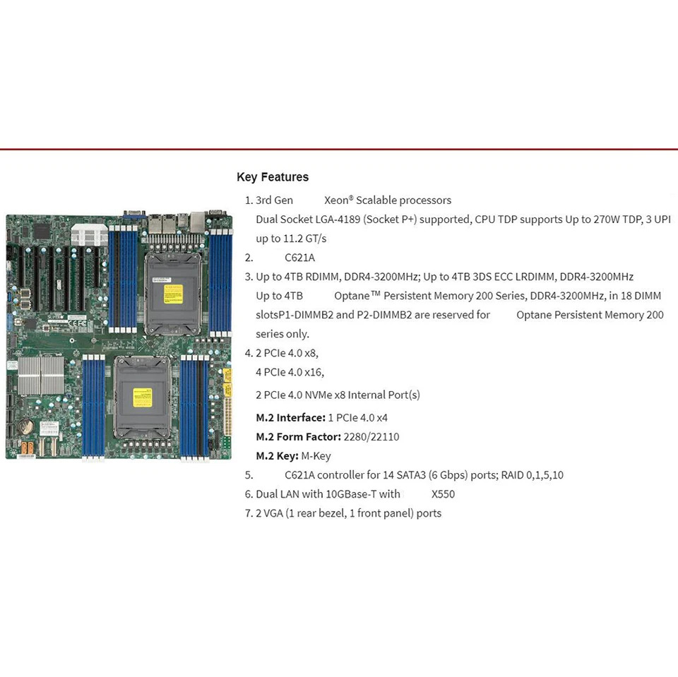 Supermicro 듀얼 웨이 서버 마더보드E- LGA-4189 DDR4-3200MHz 256GB C621A 14XSATA 3 X12DPi-NT6