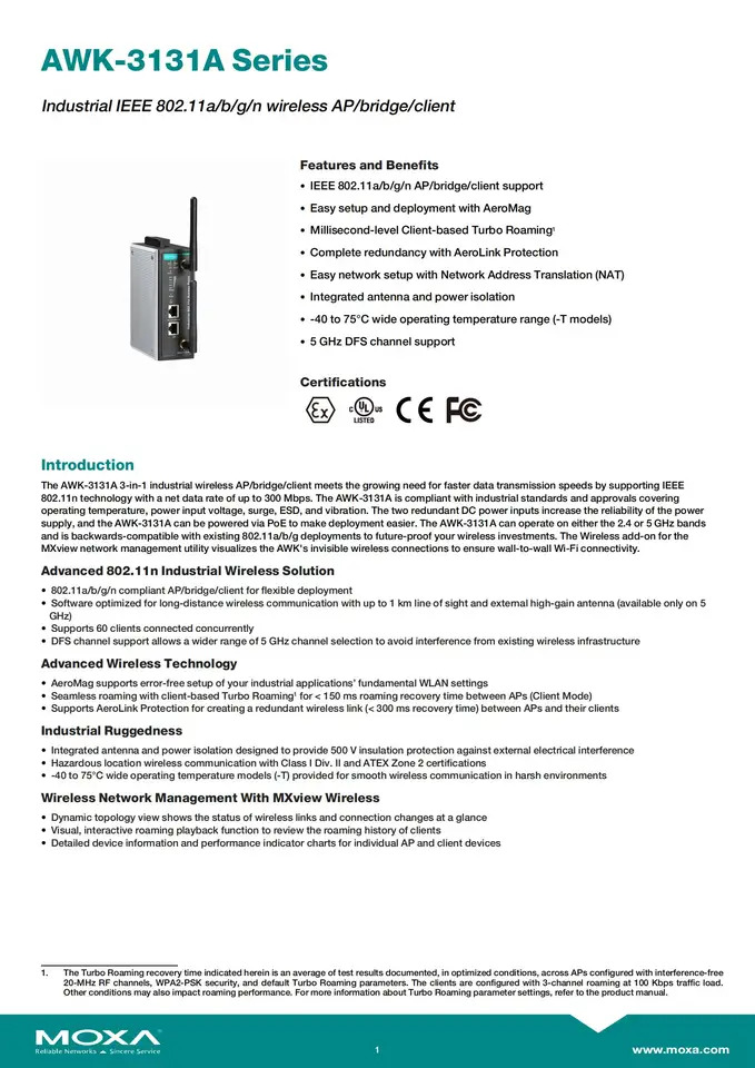MOXA AWK-3131A-EU 산업무선 AP 브리지 클트 3 in 1