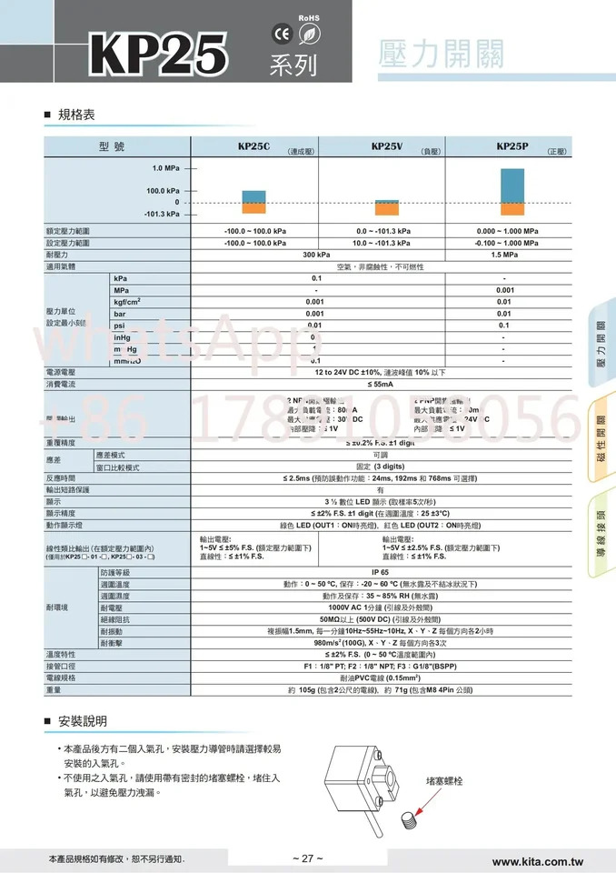 KITA 방수 압력 게이지 스위치 KP25P-02-F1 KP25C-02-F1 KP25V-02-F