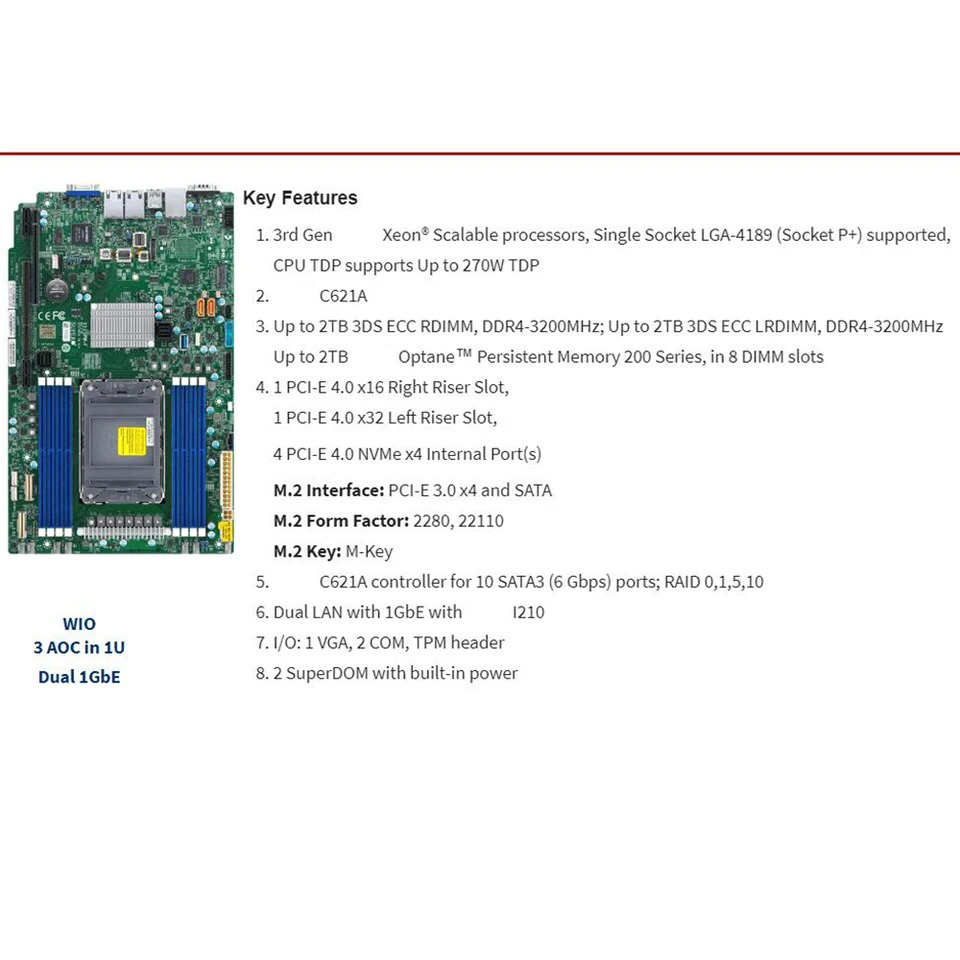 LGA-4189 슈퍼마이크로 전서버 마더보드 X12SPW-F C621A 2TB 3DS DDR4-3200MHz WIO 10XSATA 3