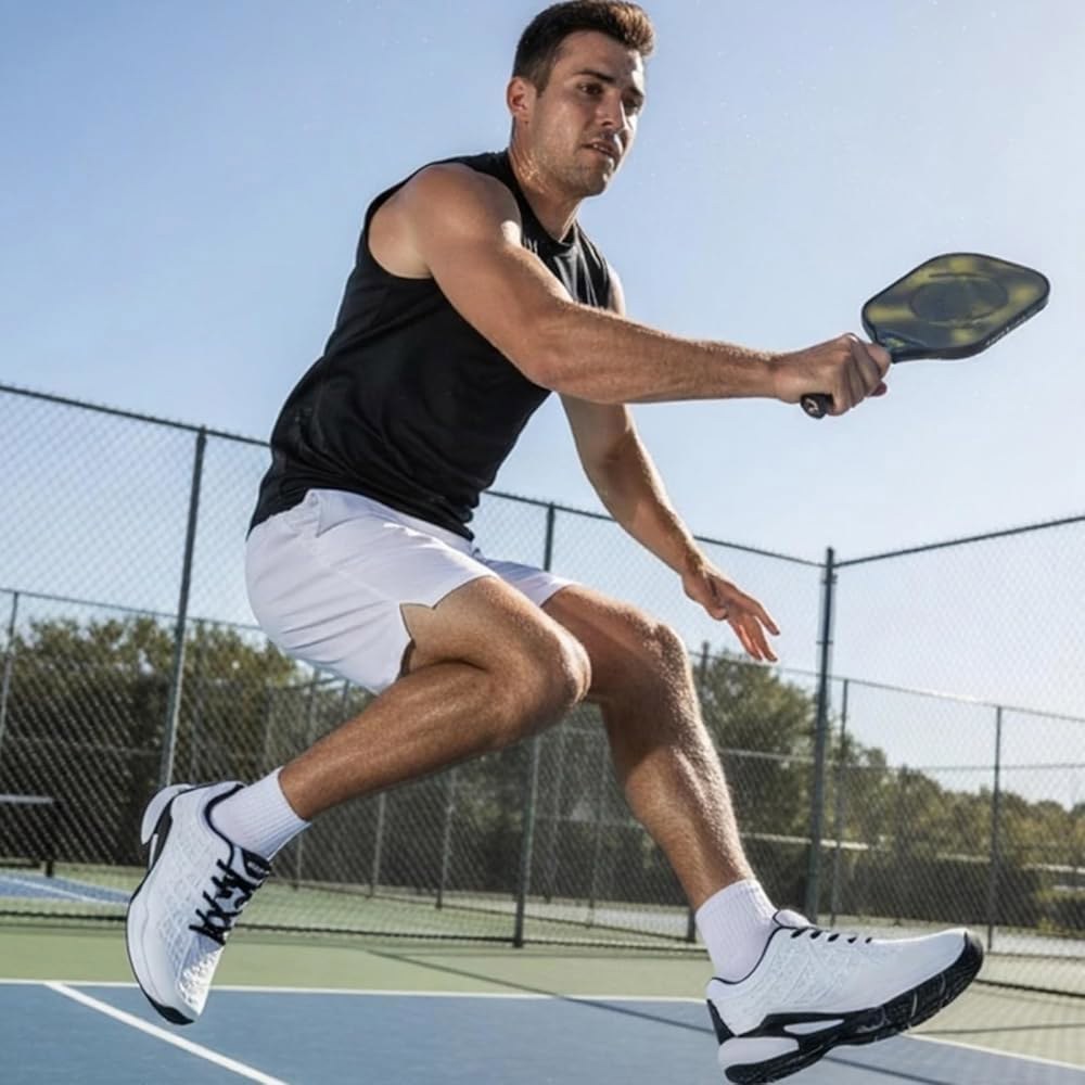 BKWHDAY Pickleball Shoes 남성용 테니스 코트 방지, 스포츠 스니커즈 운동 실외 10 실내 미끄럼 통기성 화이트블루, 경량 Black 7.5 - 상세 이미지 3