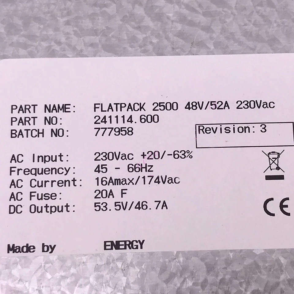 241114.600 FLATPACK 2500 Eltek DC 출력 53.5V 46.7A 통신 전원공급장치 모듈 미세 작동 48V 52A 230Vac