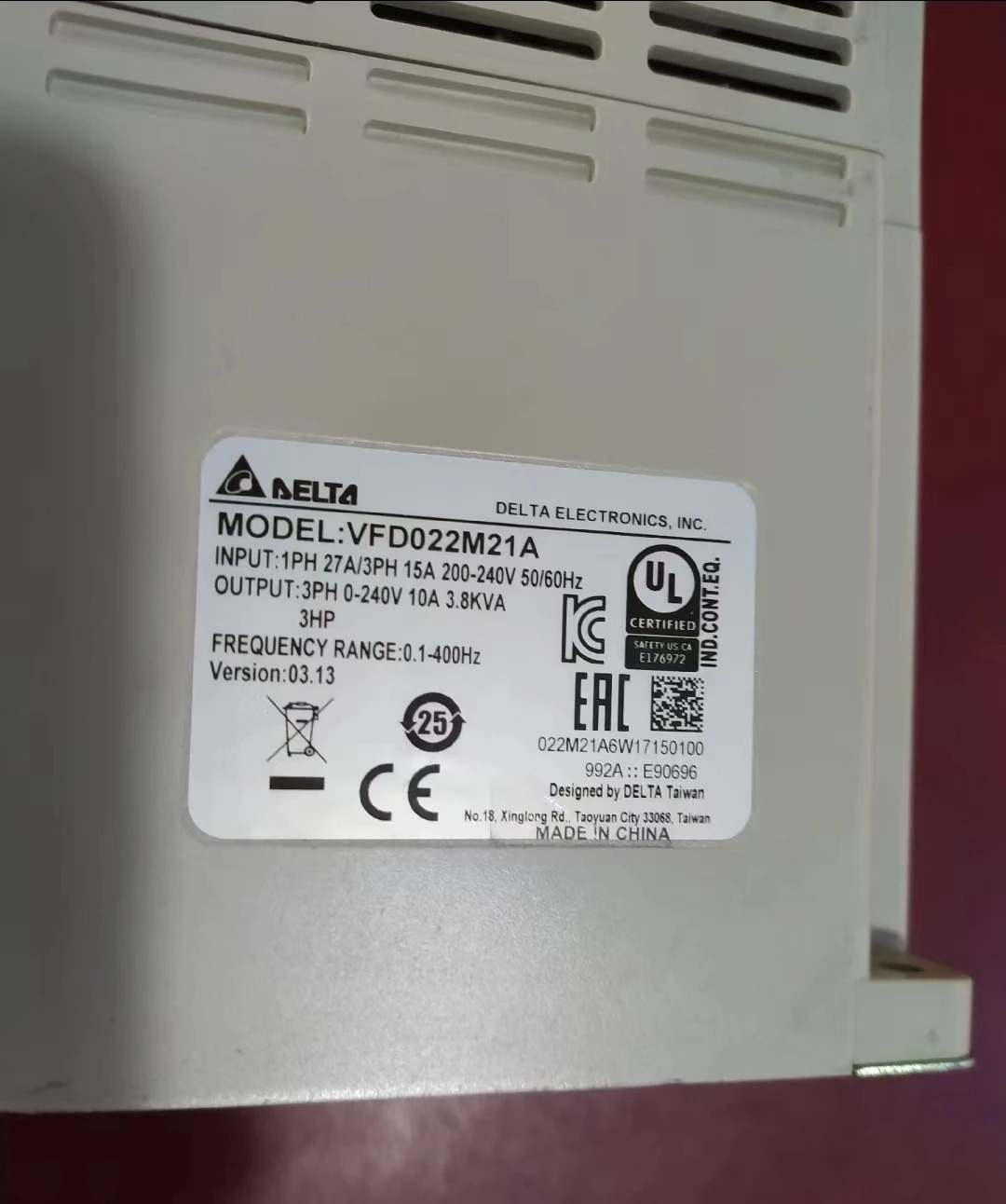 VFD022M21A 사인버터 2.2kW 230V 1/3PHASE 리퍼 기능 OK