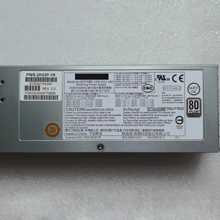 컴퓨터오리지널 스위칭 전원공급장치 CPR--2M1 PWS-2K03P-1R AC-DC 예비 PSU 2000W