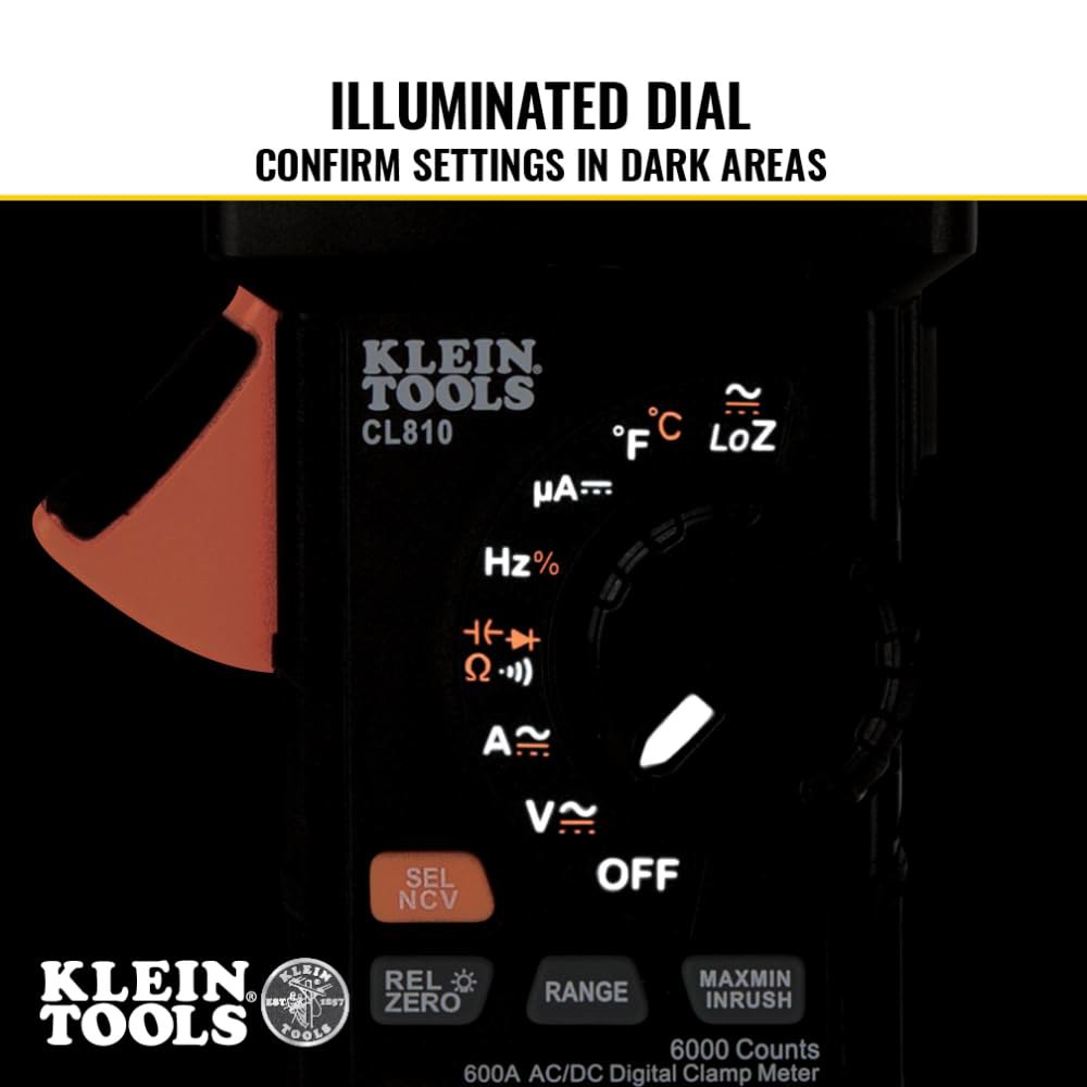 클라인 툴스 CL810 디지털 클램프 미터, 자동 범위 TRMS, AC/DC 전압/전류, LoZ, 연속성, 주파수, 정전 용량, NCVT, 온도, 1000V 이상, 손전등 - 상세 이미지 3