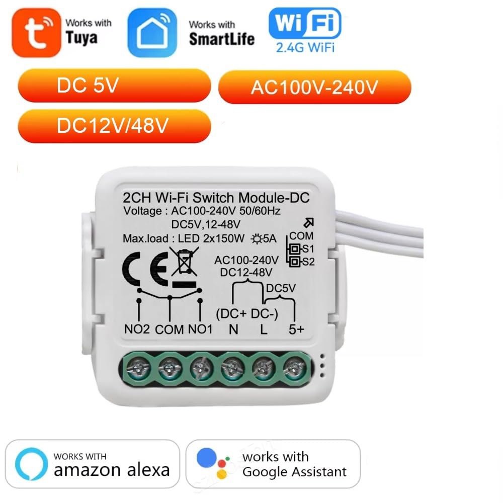 MHCOZY Tuya 스마트 라이프 앱 드라이 컨택 WiFi 릴레이 스위치 모듈, 2채널 DC 5V 12/24V AC 100-240V, 알렉사 구글 홈과 호환 가능 - 상세 이미지 2