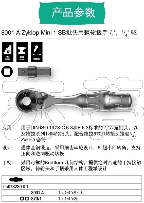 Zyklop 미니 래칫 핸들 렌치 8001A 1/4
